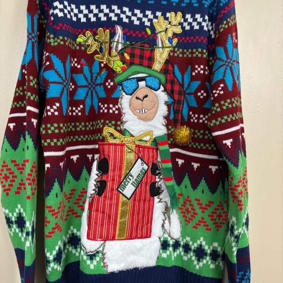 Blizzard Bay Sweater Men XL Blue Green Merry Llama Drink Pocket Ugly Christmas - Picture 3 of 8